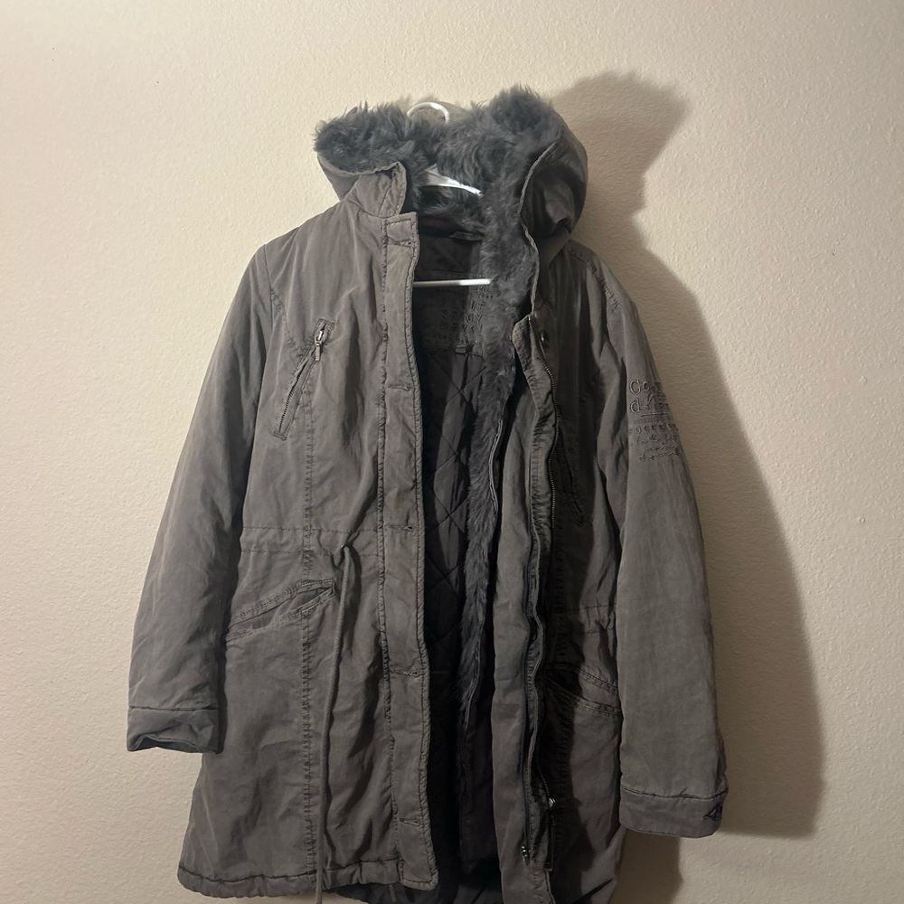 Gray Hooded Parka with Faux Fur Trim
